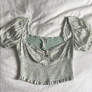 Aritzia Sunday Best Green Floral Smocked Blouse